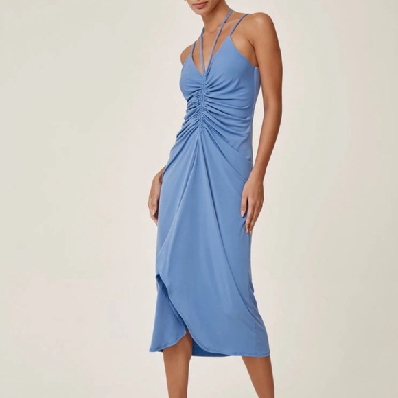 Elegant Blue Ruched Midi Dress NWT by Lanston. Disco vibes - Picture 2 of 7